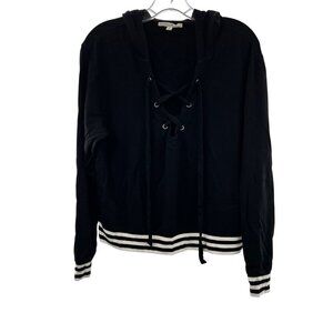 Express Long Sleeve Lace Up Neck Hoodie Black/White Size XS